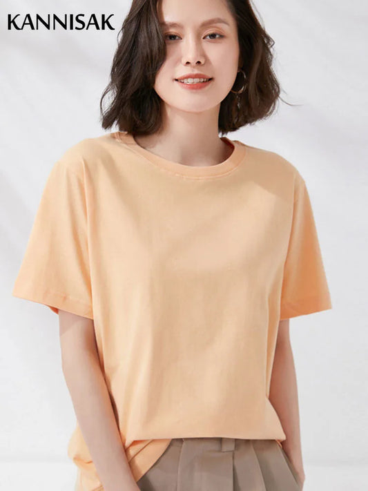 Women T-shirts 2025 Summer Tops Solid Short Sleeve Loose O-neck 100% Cotton Casual Ladies Shirts Harajuku Korean Woman Tshirts