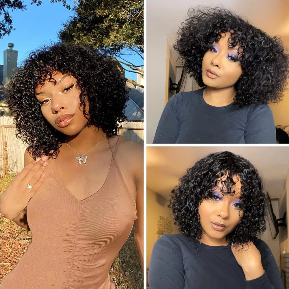 Short Curly Human Hair Wigs for Black Women Natural Color Kinky Curly Wigs with Bangs Brazilian Remy Hair Short Bob Wigs