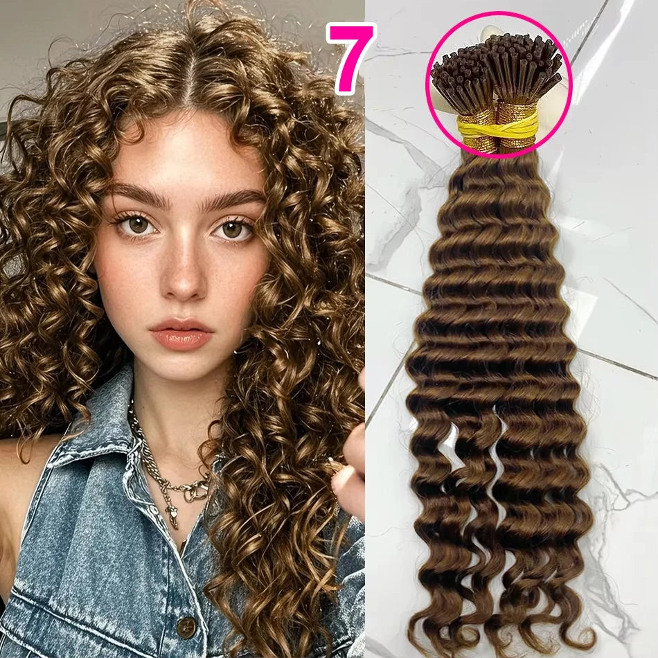Deep Wave I Tip Hair Extensions 100%Human Hair Extensions Curly I Tip Double Drawn Bundles Microlink Full Thick Ends Extensions