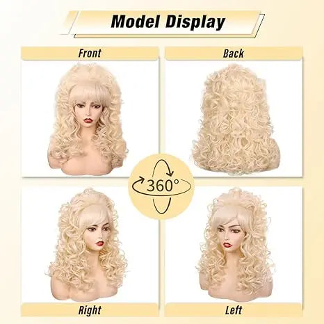 80s Long Curly Vintage Cosplay Wig with Bang for Women 60 70s Queen Synthetic Hair Wigs for Halloween Party