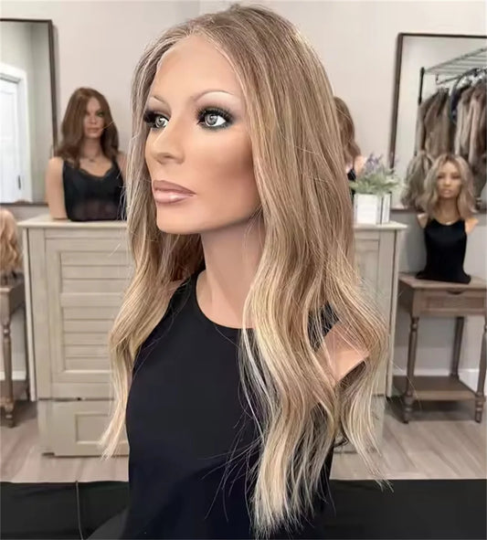 High Heat Fibre Realistic Lace Top Wig Warm Blonde Highlights HD Lace Front Wig for Women Hair Loss 13x4 Glueless Long Wavy Wigs