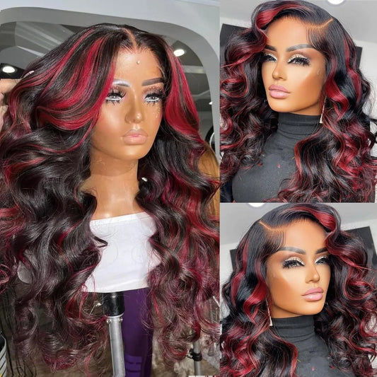 Highlight 5x5 Glueless Wigs Human Hair Pre Plucked Pre Cut Black Hair With Red highlight Body Wave Wigs Human Hair 200% Density