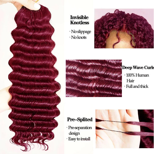 Burgundy Color 100% Human Hair Deep Wave Feather Hair Extensions Knotless Pre-Separated Crochet Hair Extensions For Daily Use
