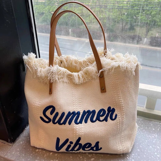 Handbag Woman Bag Design Simple Niche Travel Beach Tote Bag Tassel Letter Embroidery Fashion Large Capacity Shoulder Bags 2022