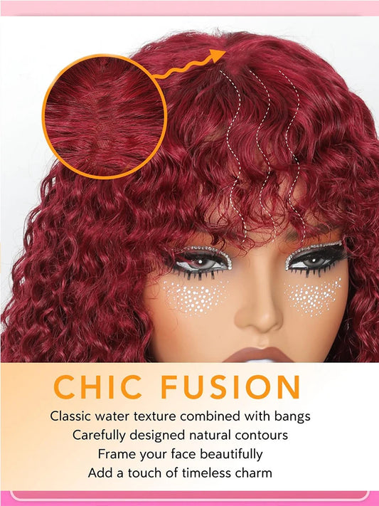 99J Burgundy Curly Wig with Bangs Human Hair Water Wave Mechanism Color Wigs Red wig with Bangs Colored Brazilian Human Hair