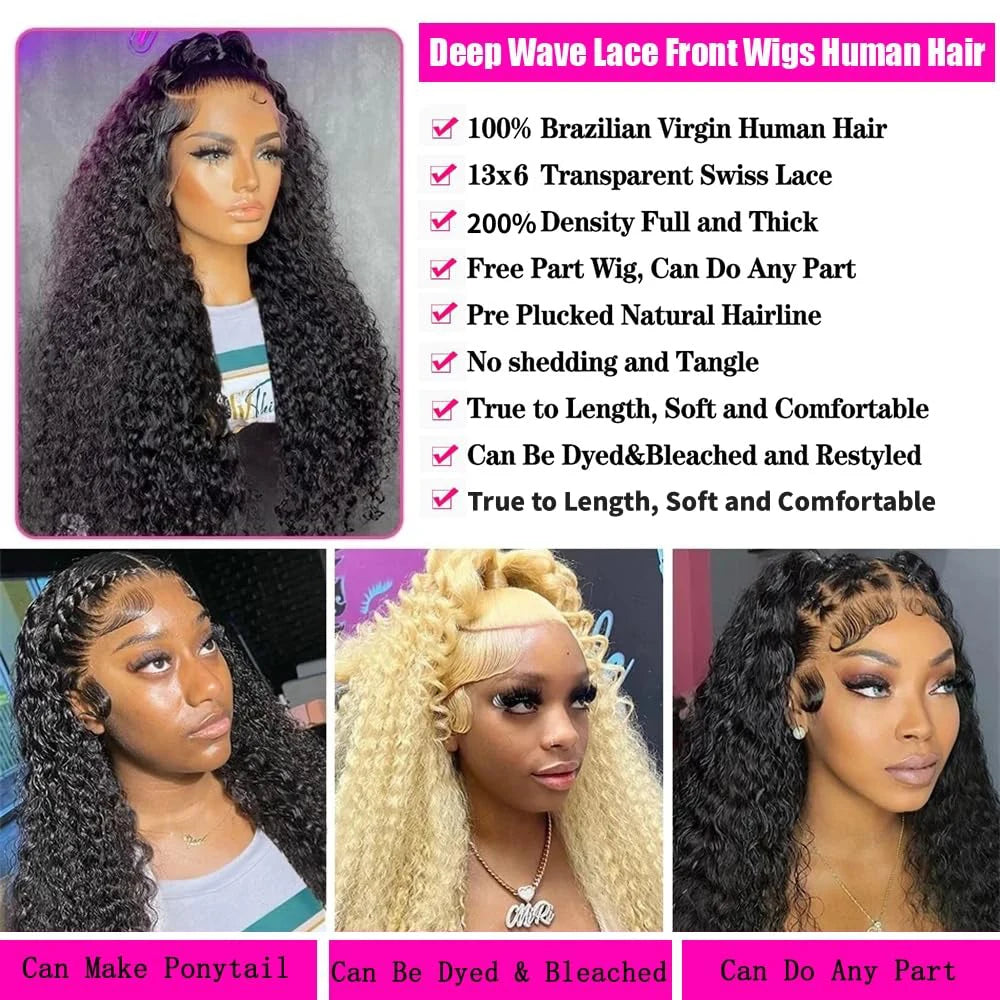 28 Inch 13x4 Deep Wave Lace Front Wig Human Hair 200% Density Deep Curly 13x6 Lace Frontal Wig 100% Human Hair Natural Color Wig
