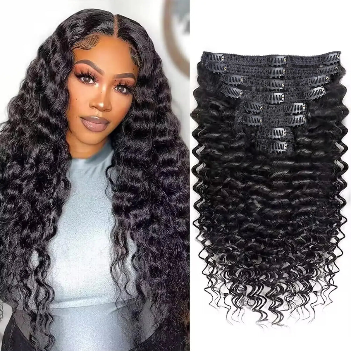 Deep Wave Clip In Hair Extensions 100% Human Hair Brazilian Clip In Natural Black Color Clip Ins Remy Hair 10-26 Inch For Women