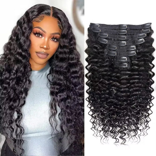 Deep Wave Clip In Hair Extensions 100% Human Hair Brazilian Clip In Natural Black Color Clip Ins Remy Hair 10-26 Inch For Women