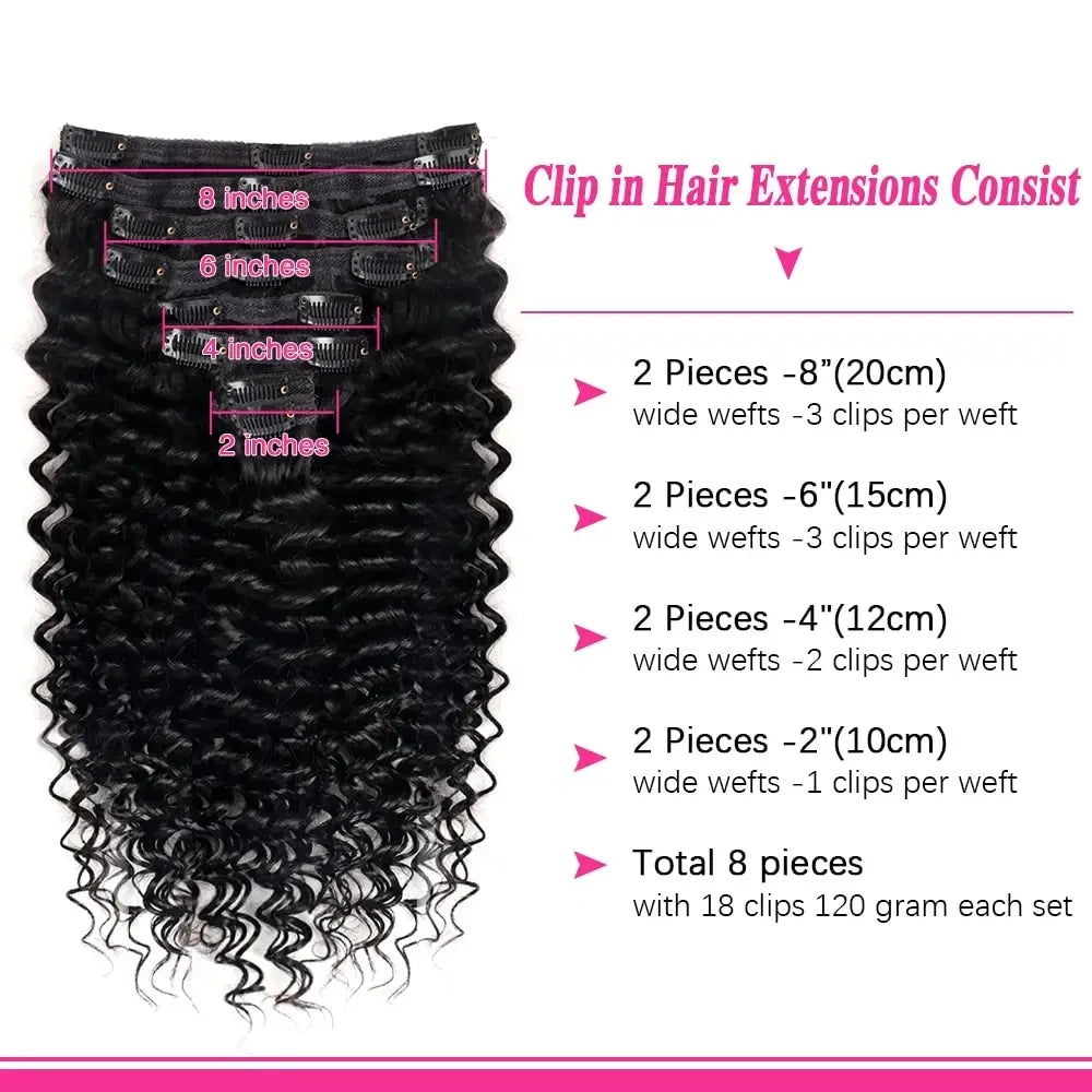 Deep Wave Clip In Hair Extensions 100% Human Hair Brazilian Clip In Natural Black Color Clip Ins Remy Hair 10-26 Inch For Women