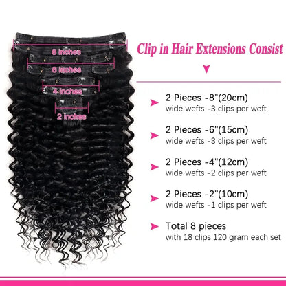 Deep Wave Clip In Hair Extensions 100% Human Hair Brazilian Clip In Natural Black Color Clip Ins Remy Hair 10-26 Inch For Women