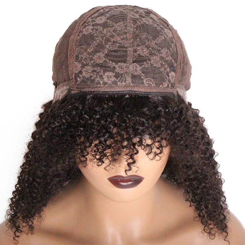 Short Curly Human Hair Wigs for Black Women Natural Color Kinky Curly Wigs with Bangs Brazilian Remy Hair Short Bob Wigs