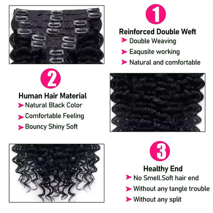 Deep Wave Clip In Hair Extensions 100% Human Hair Brazilian Clip In Natural Black Color Clip Ins Remy Hair 10-26 Inch For Women