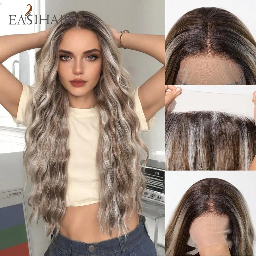 Long Curly 13*6 Lace Front Wigs Dark Brown Highlight Synthetic Wig with Baby Hair Heat Resistant Daily Lace Wig for Afro Women