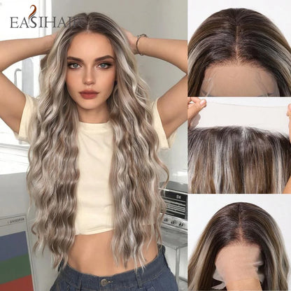 Long Curly 13*6 Lace Front Wigs Dark Brown Highlight Synthetic Wig with Baby Hair Heat Resistant Daily Lace Wig for Afro Women