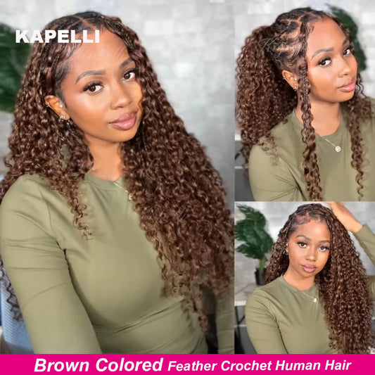 Color Brown Burmese Water Wave Braiding Hair Knotless Pre-Separated Deep Curly Feather Crochet Human Hair Extensions Invisible