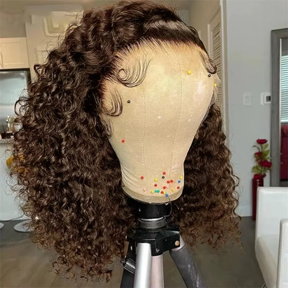 #4 Color Curly Short Bob Human Hair Wig Brown 13x4 4x4 Lace Frontal Bob Wigs Brazilian Deep Wave Wig Preplucked Lace Front Wig
