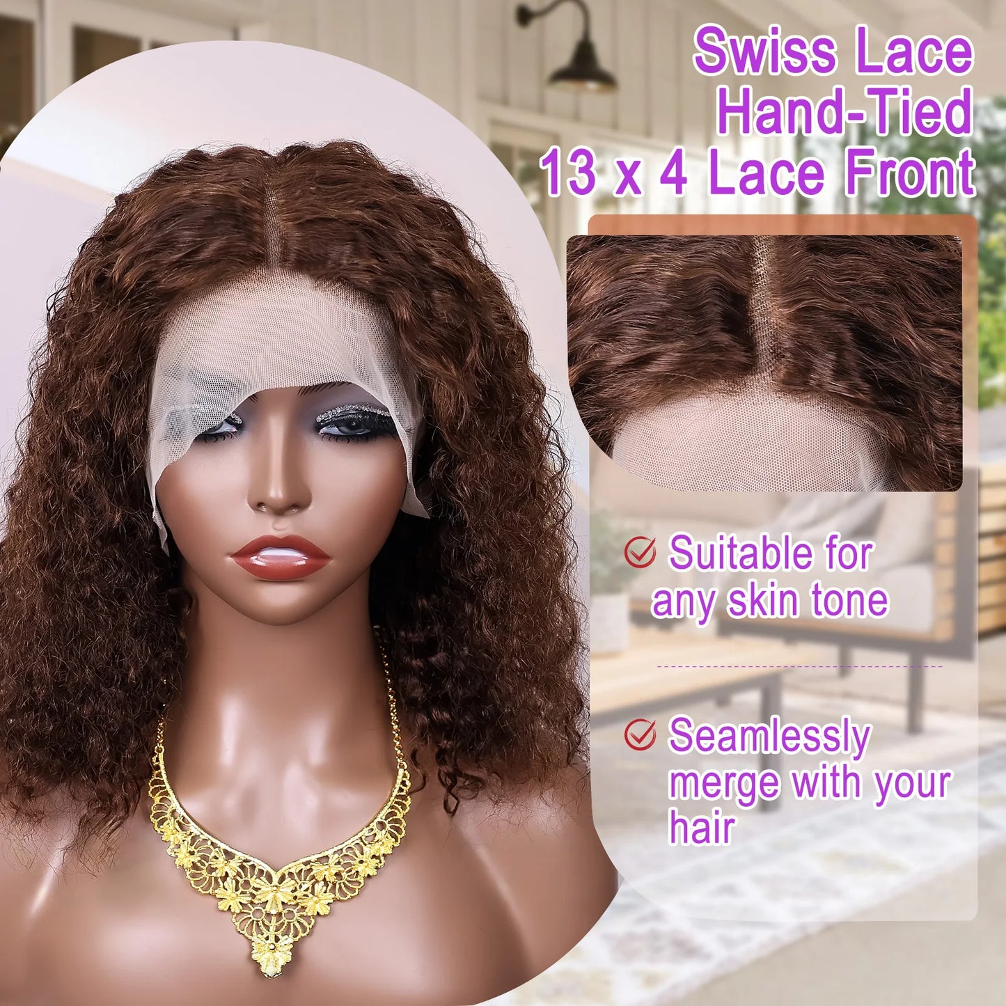 #4 Color Curly Short Bob Human Hair Wig Brown 13x4 4x4 Lace Frontal Bob Wigs Brazilian Deep Wave Wig Preplucked Lace Front Wig