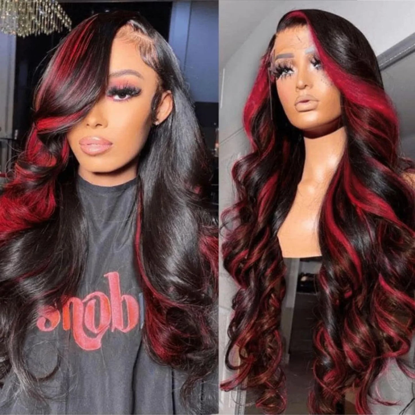 Highlight 5x5 Glueless Wigs Human Hair Pre Plucked Pre Cut Black Hair With Red highlight Body Wave Wigs Human Hair 200% Density