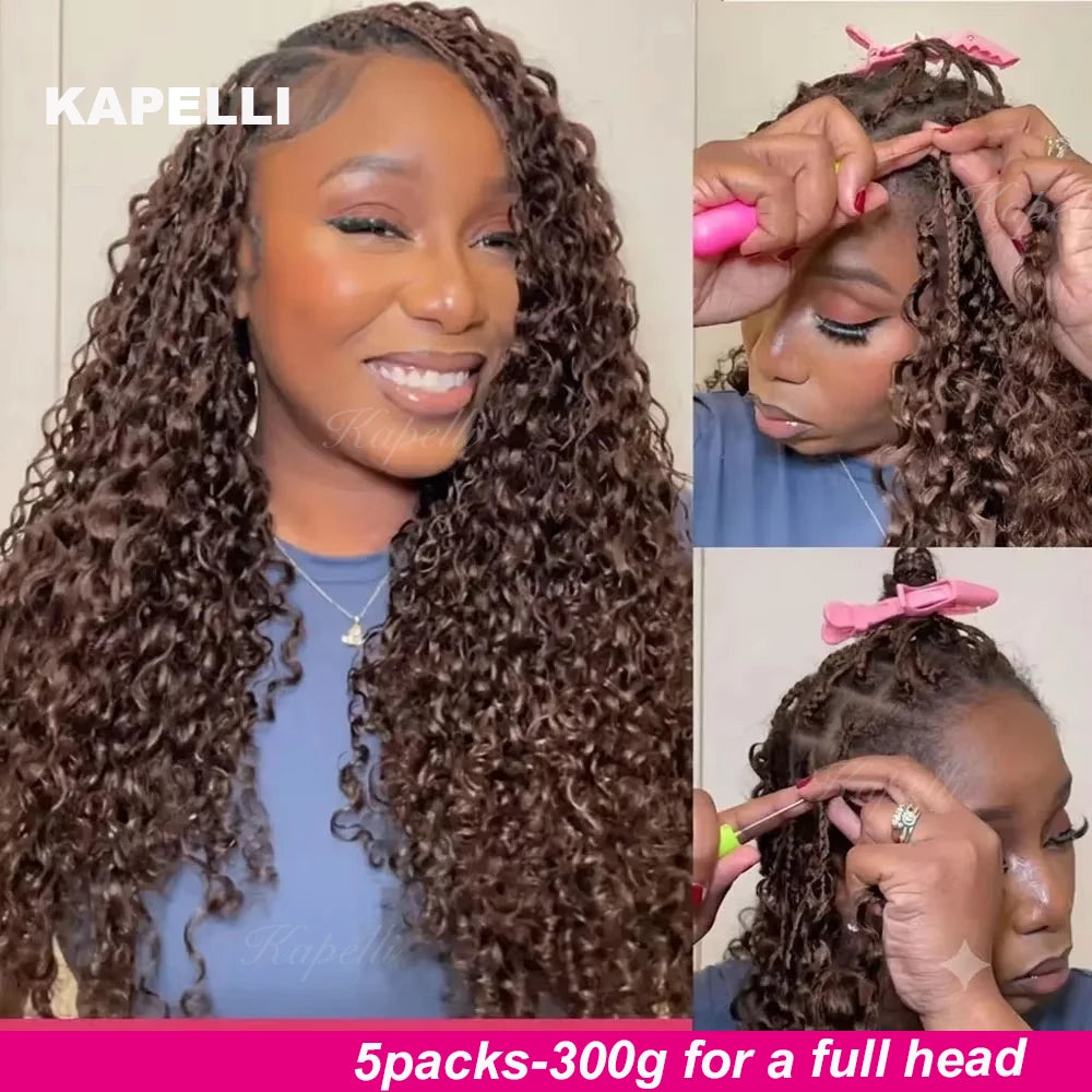Color Brown Burmese Water Wave Braiding Hair Knotless Pre-Separated Deep Curly Feather Crochet Human Hair Extensions Invisible