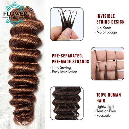 Deep Wave Feather Crochet Hair Extension Human Hair Knotless Pre-Separated Crochet Human Hair  Dark Brown Color #27 #30 Colored