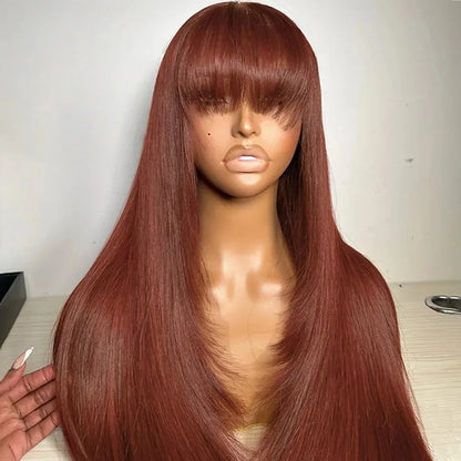 Black Layered Cut Lace Front Wig With Bangs Straight Lace Frontal Wigs 13x4 Glueless PrePlucked Hd Lace Wig Synthetic For Women