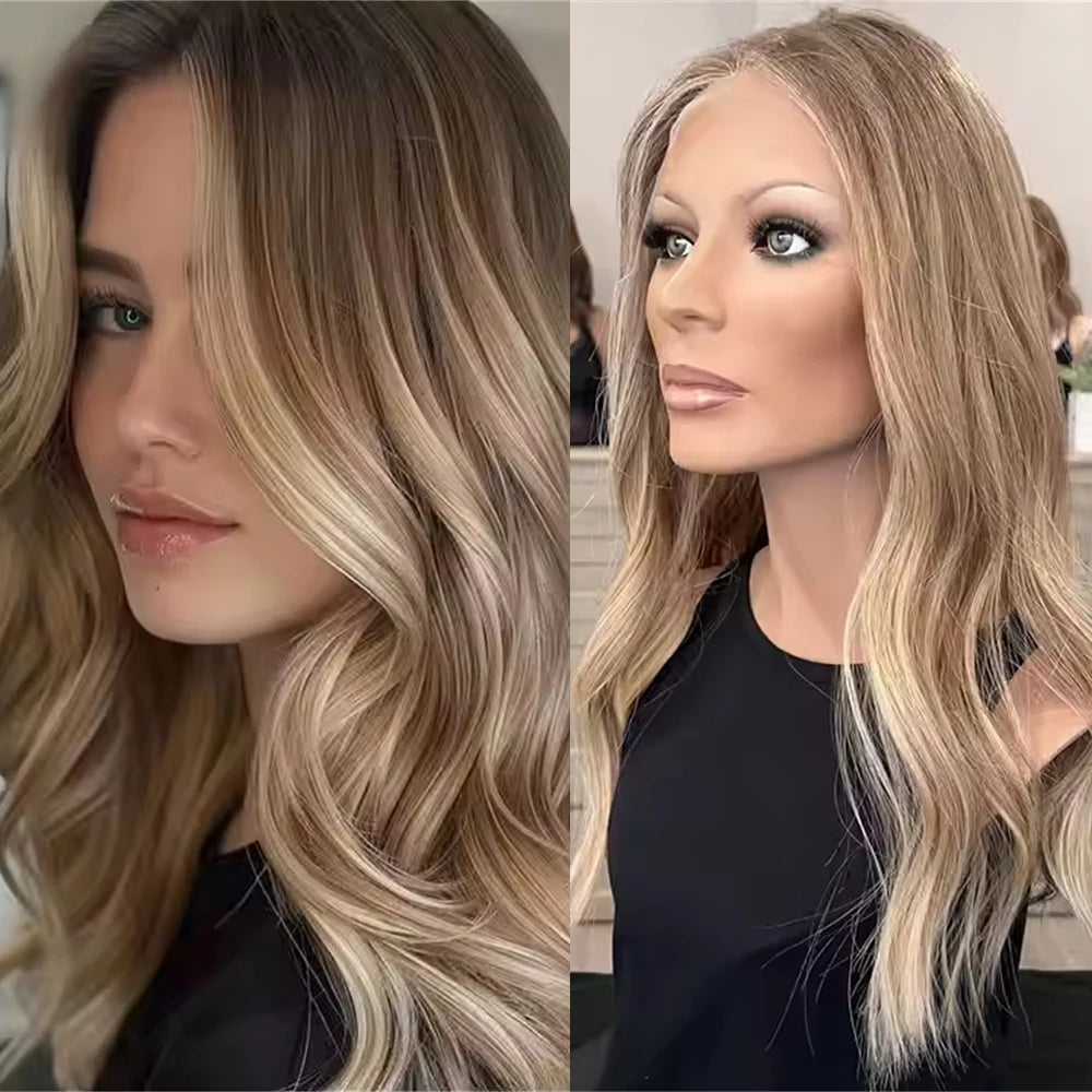 High Heat Fibre Realistic Lace Top Wig Warm Blonde Highlights HD Lace Front Wig for Women Hair Loss 13x4 Glueless Long Wavy Wigs