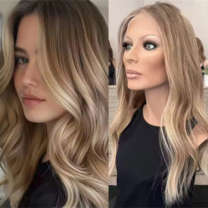 High Heat Fibre Realistic Lace Top Wig Warm Blonde Highlights HD Lace Front Wig for Women Hair Loss 13x4 Glueless Long Wavy Wigs