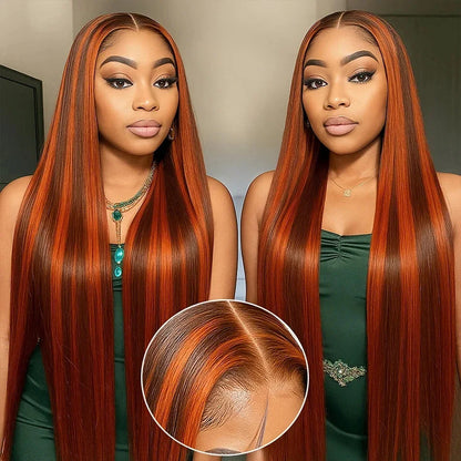 100% Human Hair 4/350 Highlight Ombre Bone Straight 13x6 Lace Front Wigs Ginger Orange Brown Colored 13x4 Lace Frontal Wig