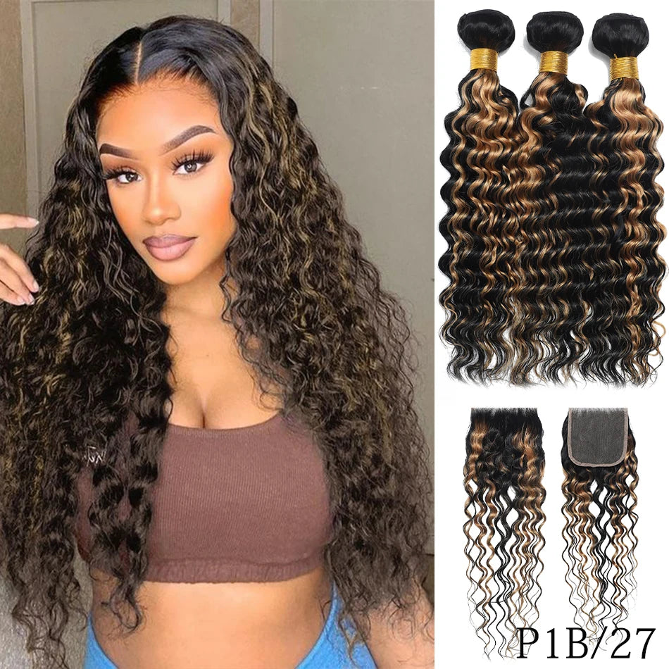 100% Virgin Human Hair Deep Wave 2/3 Bundles With Lace Closure Ombre Highlight Malaysian Hair Deep Curly With 4X4 Lace Closure