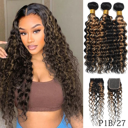 100% Virgin Human Hair Deep Wave 2/3 Bundles With Lace Closure Ombre Highlight Malaysian Hair Deep Curly With 4X4 Lace Closure