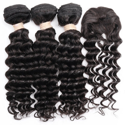 Deep Wave Body Wave Straight Human Hair Bundles With Closure Indian Hair Weave 3 Bundles With Machine Made Closure