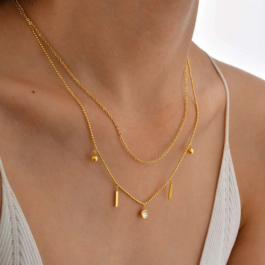 Women Layered Necklace, Cubiz Zirconia Pendant, Stackable Beaded Link Choker Chain, Stainless Steel Jewelry