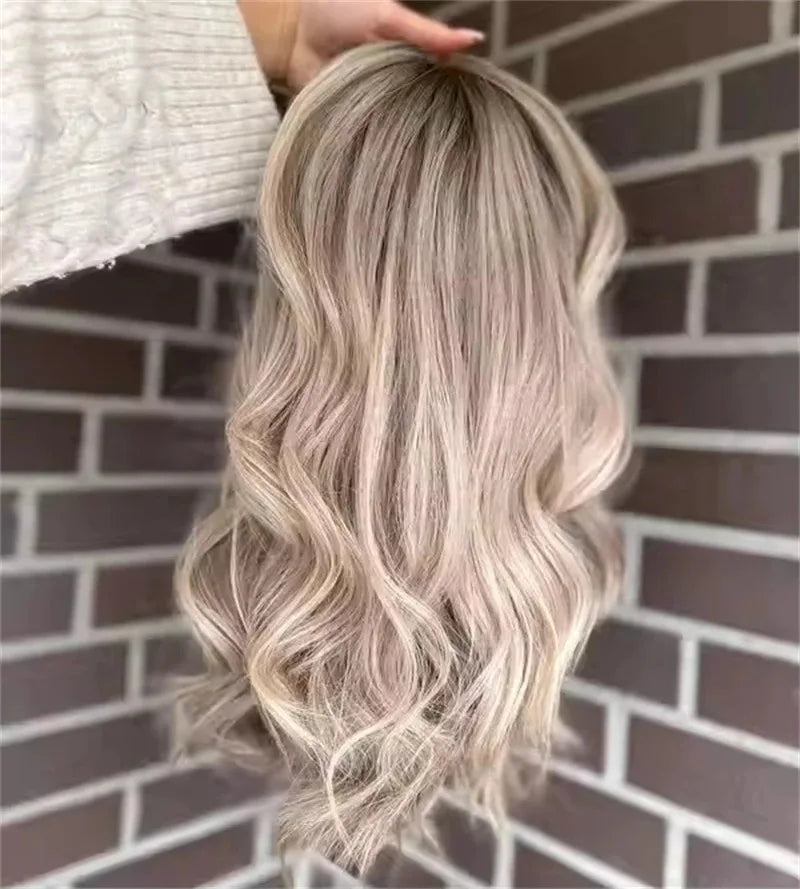 100 Human Hair Highlight Wigs Dark Roots Colored Ash Blonde Wave Human Hair Wigs 13x4 Lace Front Wigs for Women Pre Plucked Hair