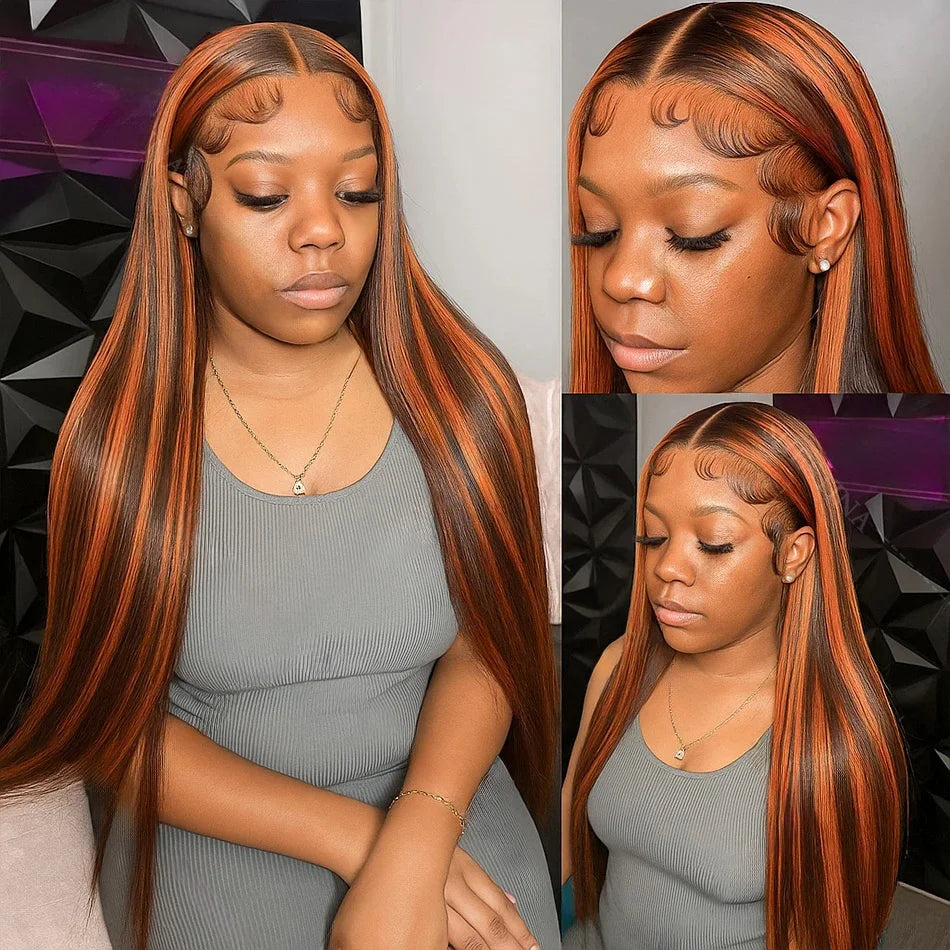 100% Human Hair 4/350 Highlight Ombre Bone Straight 13x6 Lace Front Wigs Ginger Orange Brown Colored 13x4 Lace Frontal Wig