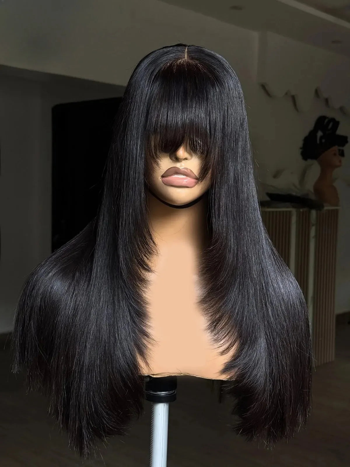 Black Layered Cut Lace Front Wig With Bangs Straight Lace Frontal Wigs 13x4 Glueless PrePlucked Hd Lace Wig Synthetic For Women