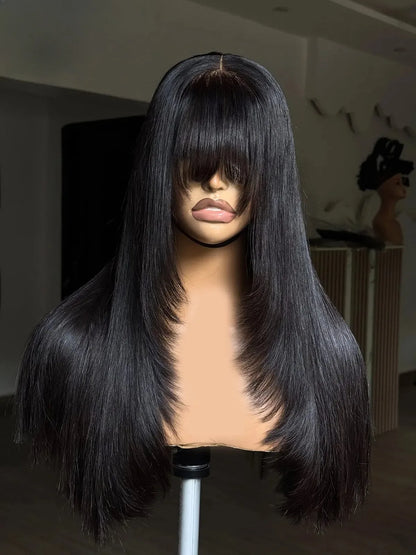 Black Layered Cut Lace Front Wig With Bangs Straight Lace Frontal Wigs 13x4 Glueless PrePlucked Hd Lace Wig Synthetic For Women