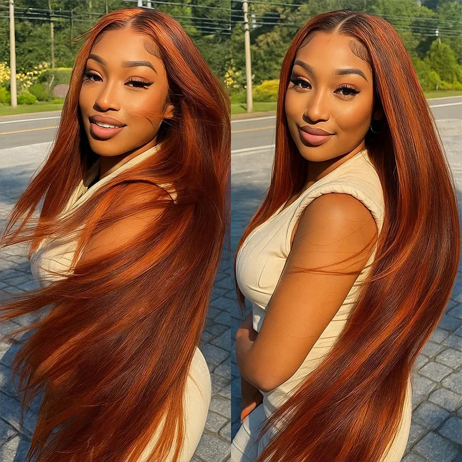 100% Human Hair 4/350 Highlight Ombre Bone Straight 13x6 Lace Front Wigs Ginger Orange Brown Colored 13x4 Lace Frontal Wig