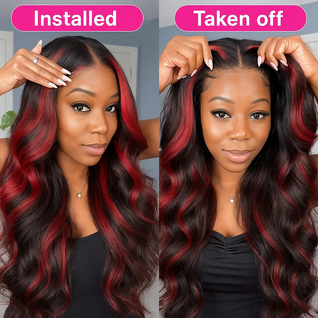 Highlight 5x5 Glueless Wigs Human Hair Pre Plucked Pre Cut Black Hair With Red highlight Body Wave Wigs Human Hair 200% Density