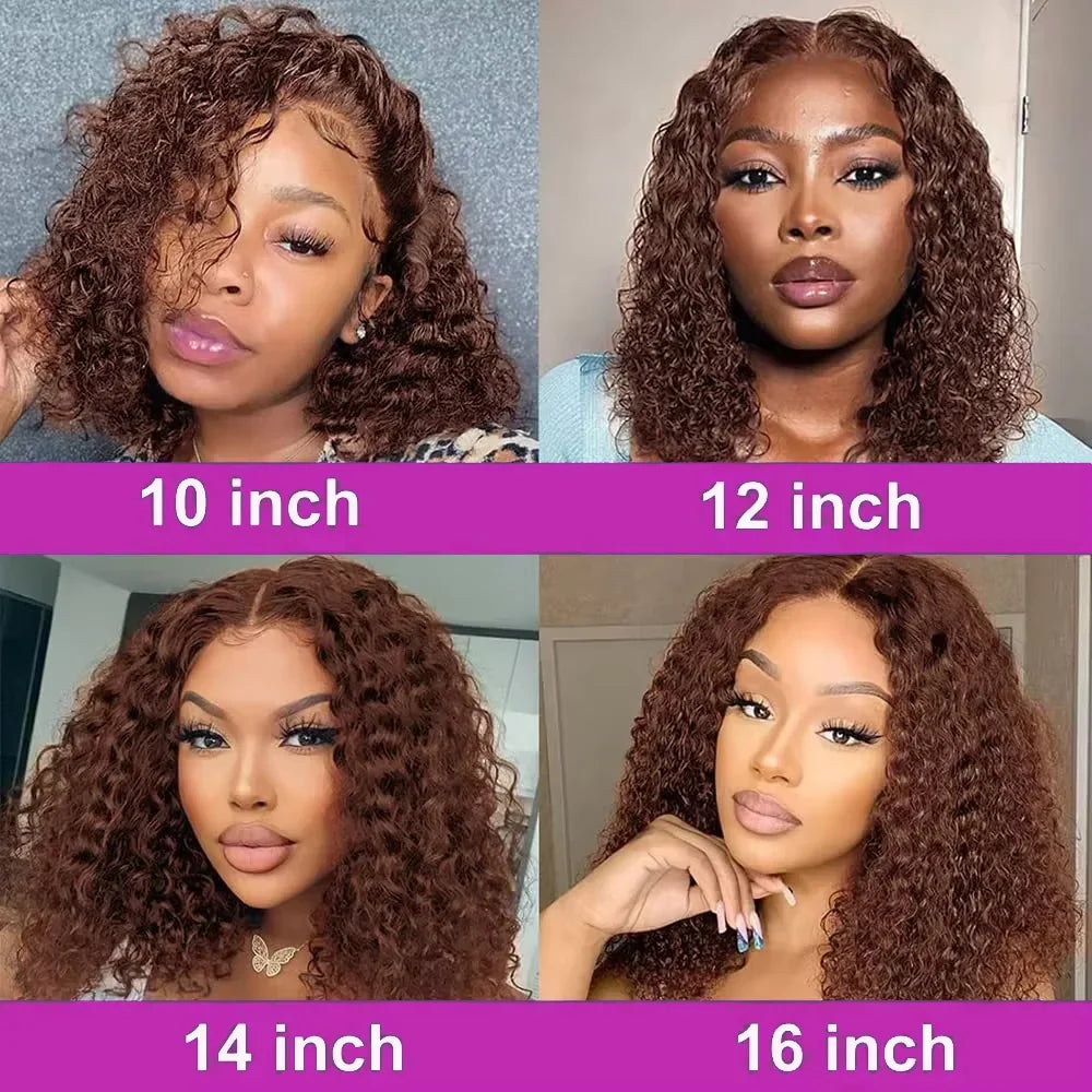 #4 Color Curly Short Bob Human Hair Wig Brown 13x4 4x4 Lace Frontal Bob Wigs Brazilian Deep Wave Wig Preplucked Lace Front Wig