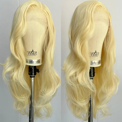 613 Blonde Long Curly Wavy Natural Wave Layered Synthetic Hair Free Part Pre Plucked Honey Blonde 13X4 Lace Front Wigs for Women