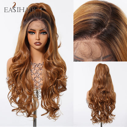 Long Curly 13*6 Lace Front Wigs Dark Brown Highlight Synthetic Wig with Baby Hair Heat Resistant Daily Lace Wig for Afro Women