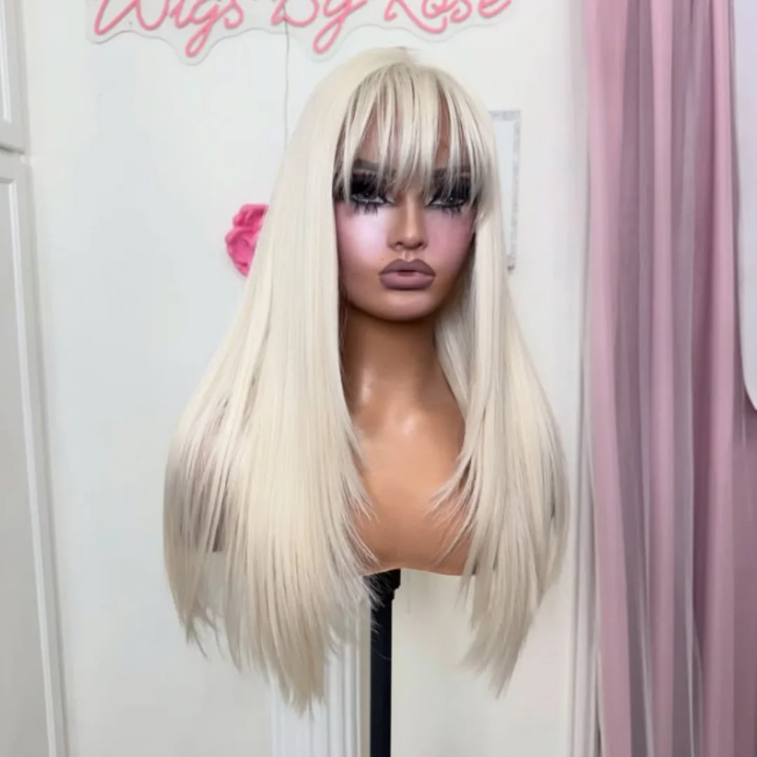 Black Layered Cut Lace Front Wig With Bangs Straight Lace Frontal Wigs 13x4 Glueless PrePlucked Hd Lace Wig Synthetic For Women