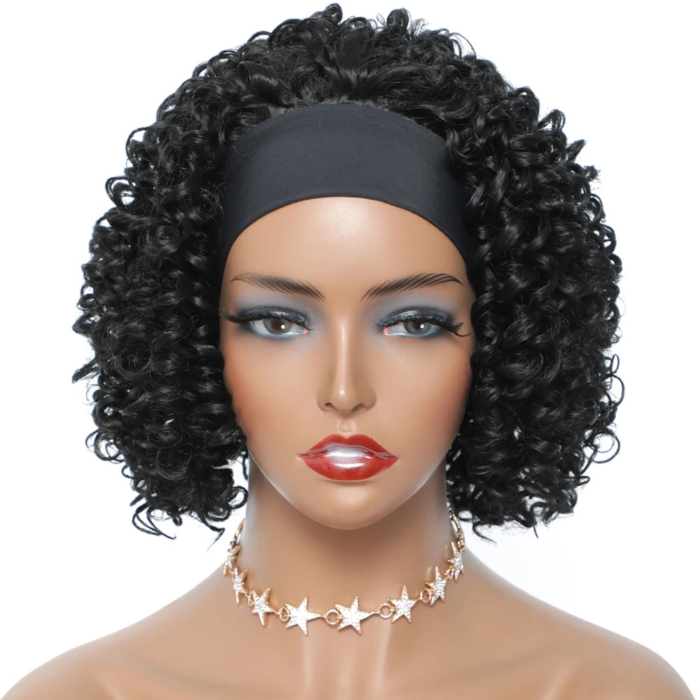 Short Glueless Wig Soft Kinky Curly Headband Wigs Afro Deep Wave Synthetic Hair Wig for Women & Girls Natural pelucas para mujer