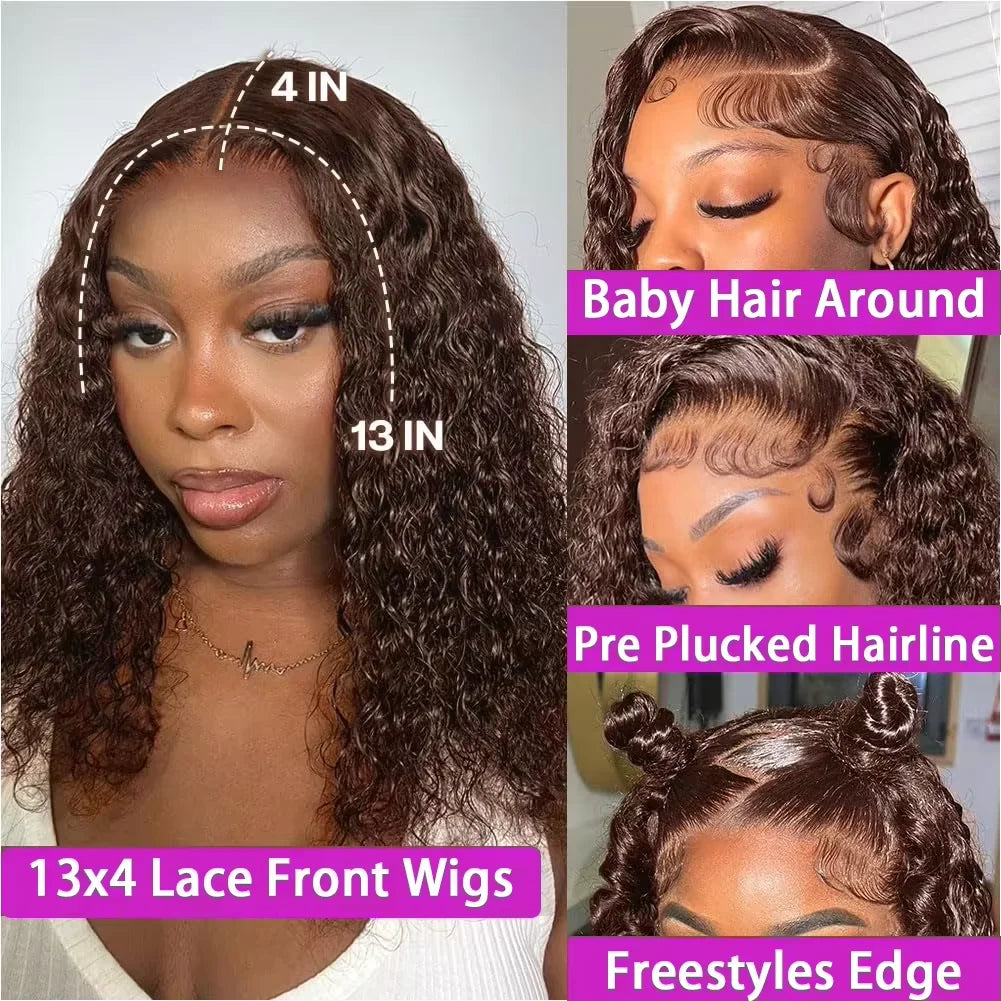 #4 Color Curly Short Bob Human Hair Wig Brown 13x4 4x4 Lace Frontal Bob Wigs Brazilian Deep Wave Wig Preplucked Lace Front Wig