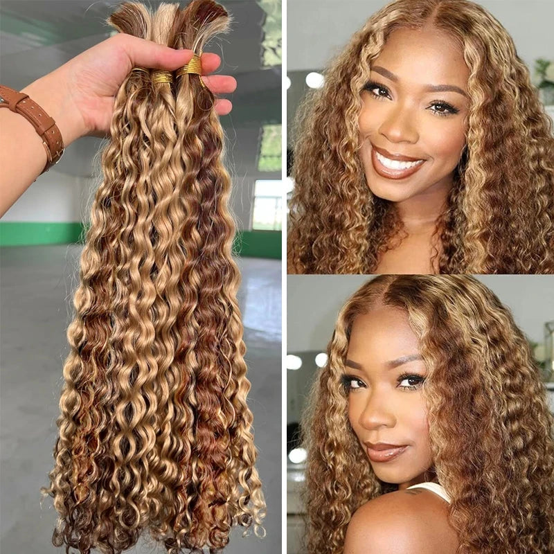 Curly Deep Wave Hair Bulks for Boho Braids 100% Human Hair Extensions No Weft Blonde Red 613 27-613 Vietnamese Hair 30inch