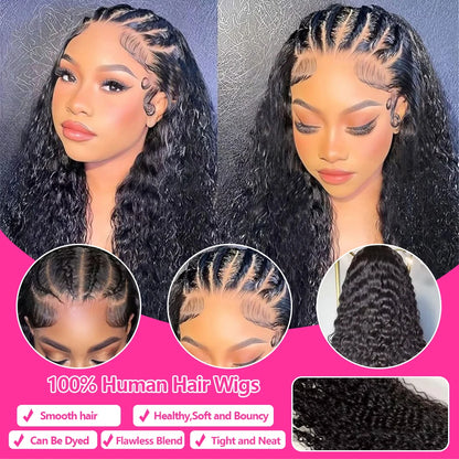 Deep Wave Pre Braided Wigs 13x4 HD Lace Frontal Black Human Hair Curly Wigs 30 Inch Boho Braids Human Hair Water Wave Wigs