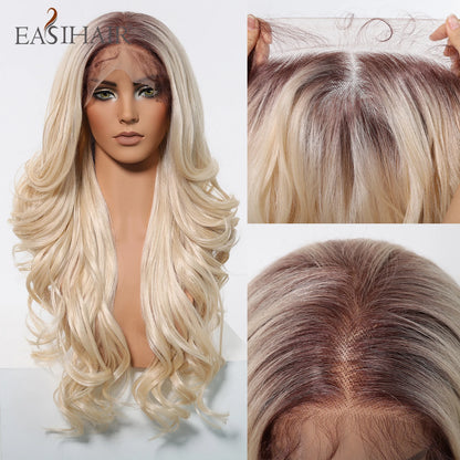Long Curly 13*6 Lace Front Wigs Dark Brown Highlight Synthetic Wig with Baby Hair Heat Resistant Daily Lace Wig for Afro Women