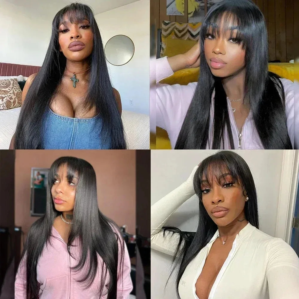 Black Layered Cut Lace Front Wig With Bangs Straight Lace Frontal Wigs 13x4 Glueless PrePlucked Hd Lace Wig Synthetic For Women