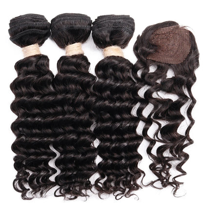 Deep Wave Body Wave Straight Human Hair Bundles With Closure Indian Hair Weave 3 Bundles With Machine Made Closure