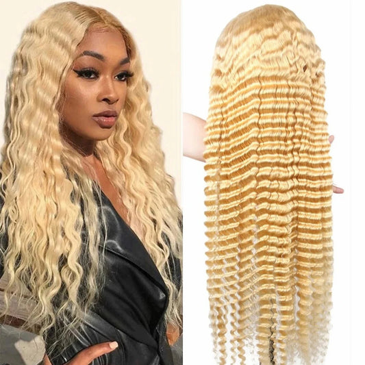 Deep Wave  613 Light Blonde Virgin Brazilian Human Hair Wig 5x5 Silk Top Closure Wig with Baby Hair Silk Base Curly Hair Wig